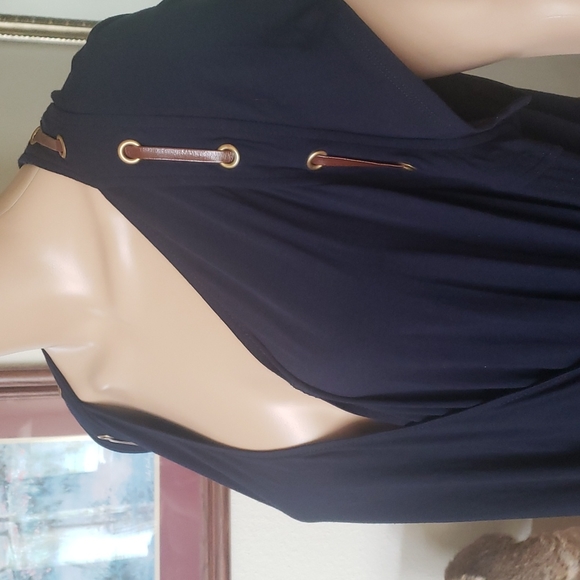 Carmen Marc Valvo 2x stretchy surplice neck leather strap in  grommets trim - Picture 7 of 9